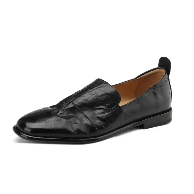 Retro Solid Genuine Leather Flat Loafers