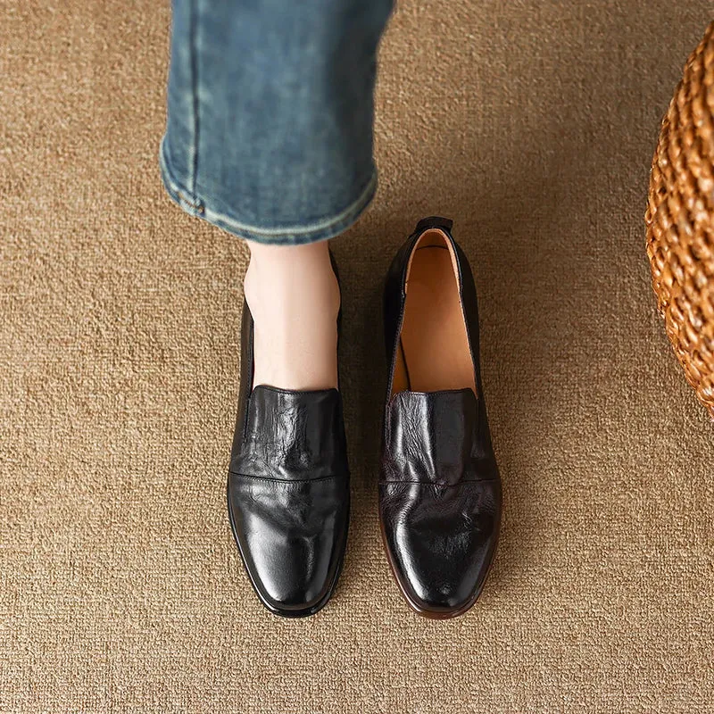 Retro Solid Genuine Leather Flat Loafers