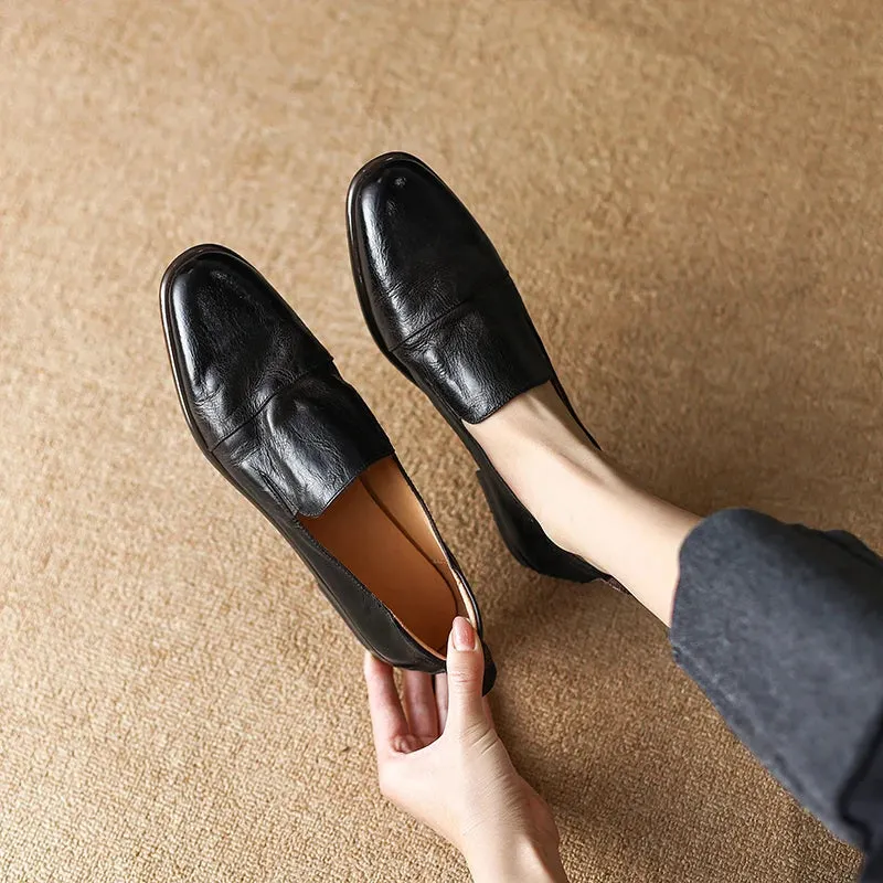 Retro Solid Genuine Leather Flat Loafers