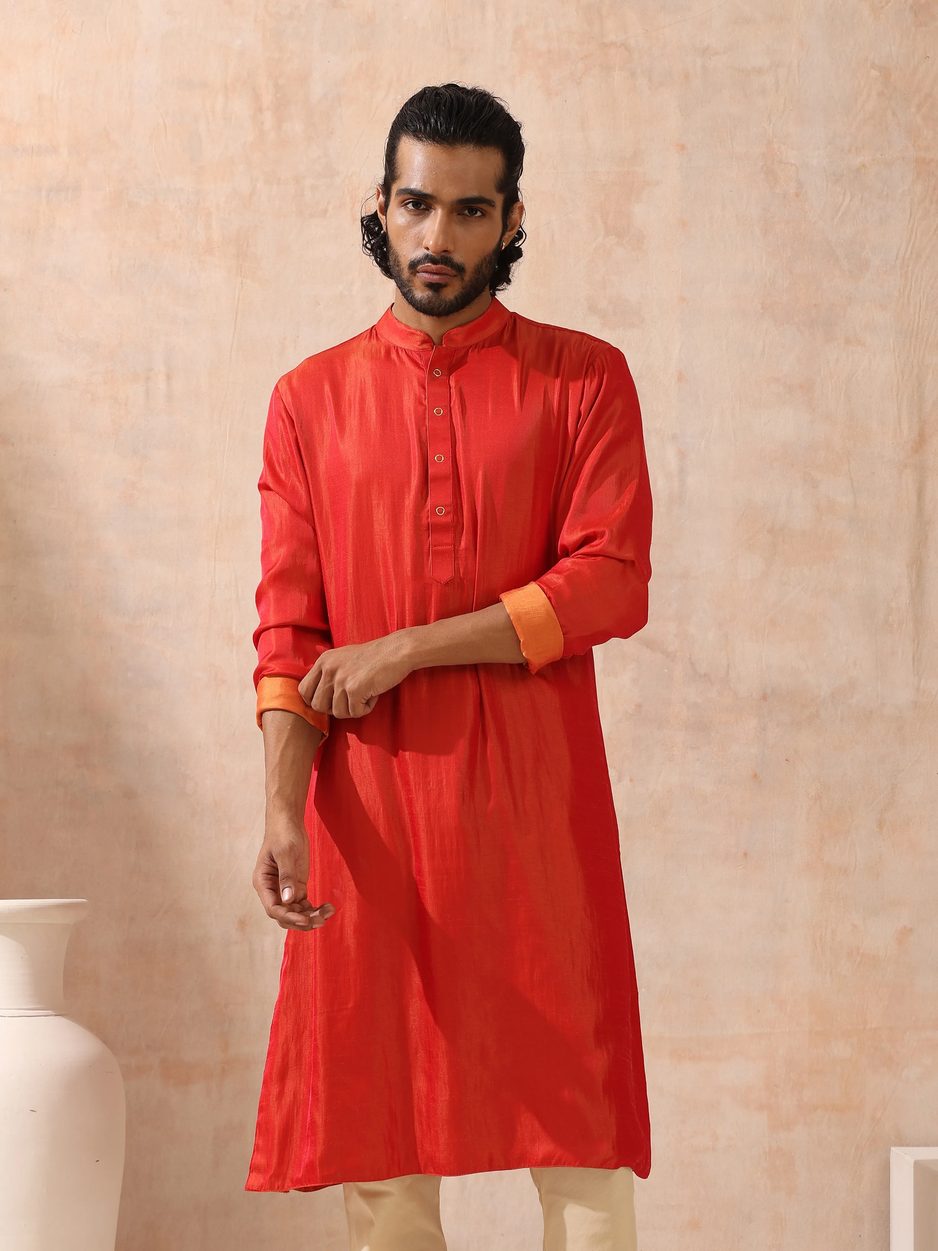 Reversible Orange and Red Satin Kurta