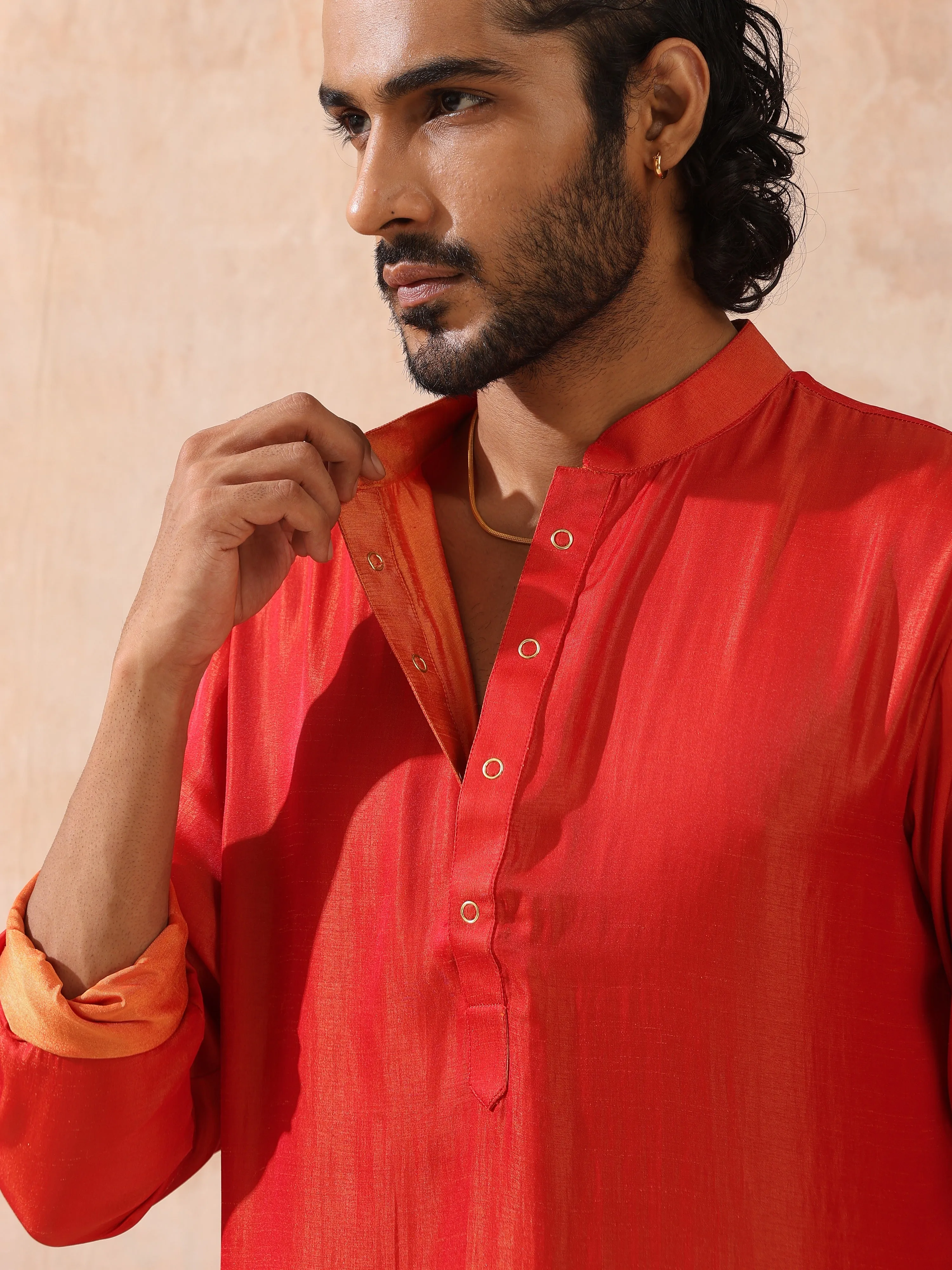 Reversible Orange and Red Satin Kurta