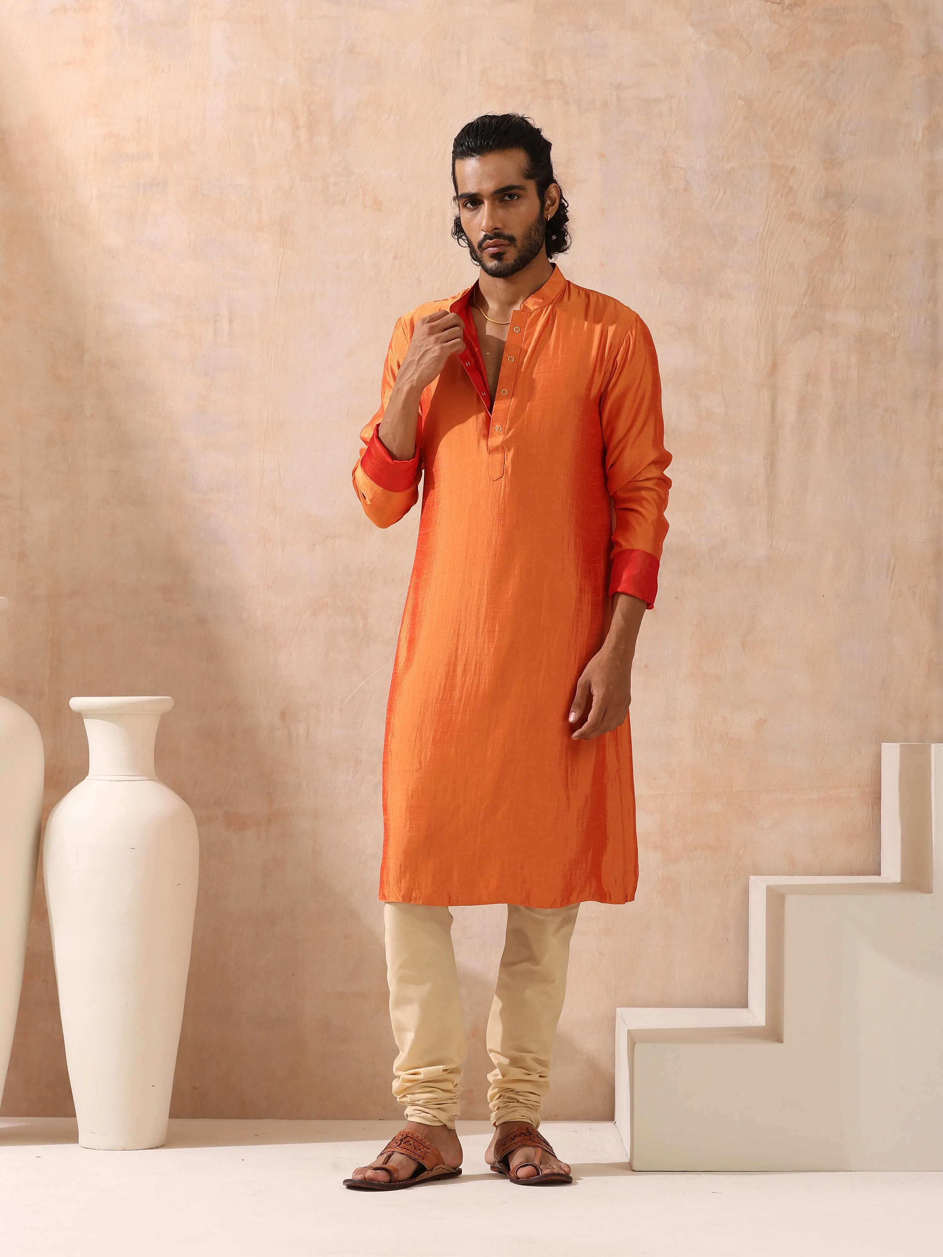 Reversible Orange and Red Satin Kurta