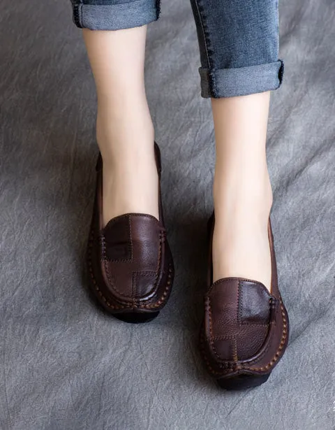 Round Head Handmade Retro Leather Loafers for Women 35-42