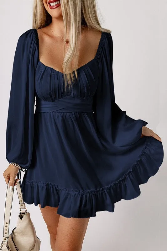 Ruffled High Waist Square Neck Mini Dress