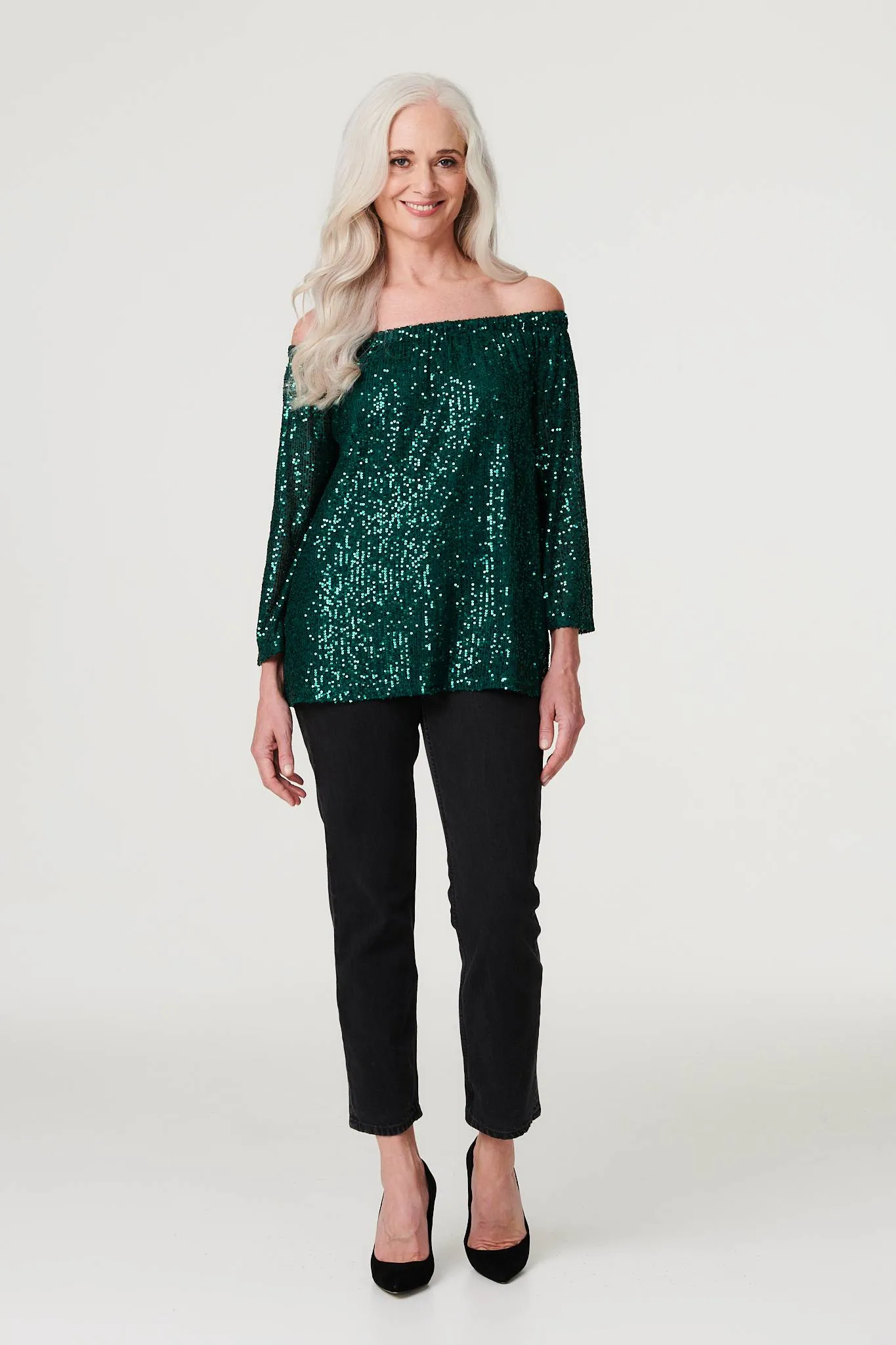 Sequin Bardot 3/4 Sleeve Top