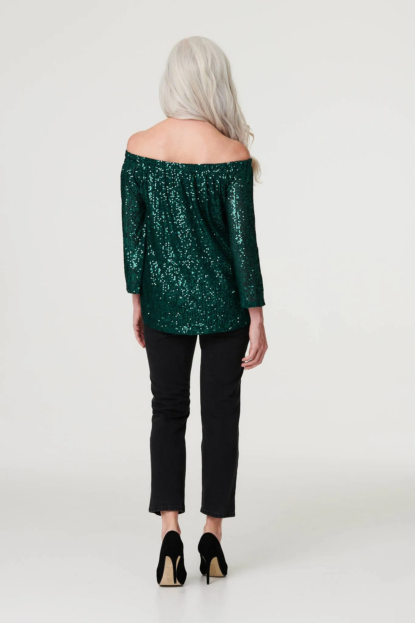 Sequin Bardot 3/4 Sleeve Top