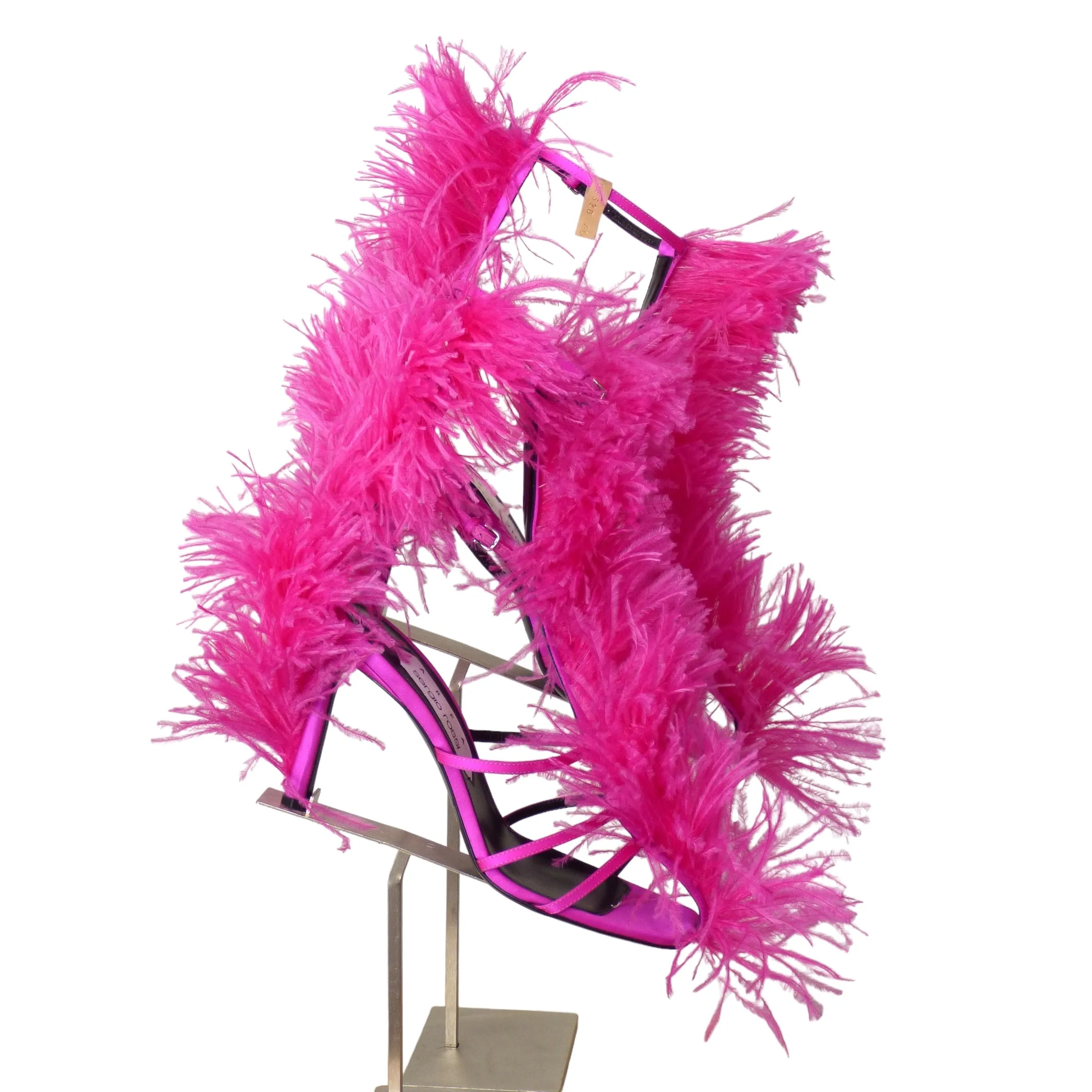 SERGIO ROSSI- Pink Strappy Feather Sandals, Size 40