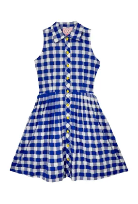 Sleeveless Placket Front MINI Shirtdress - Blue Fringed Gingham