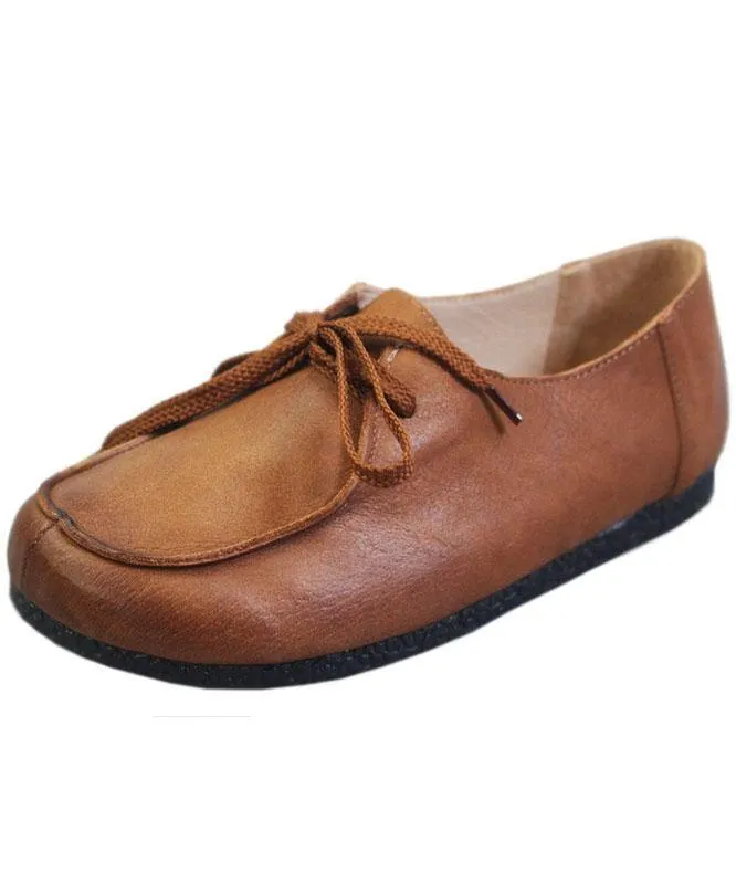 Soft Flat Shoes Brown Cowhide Leather Loafers For Women