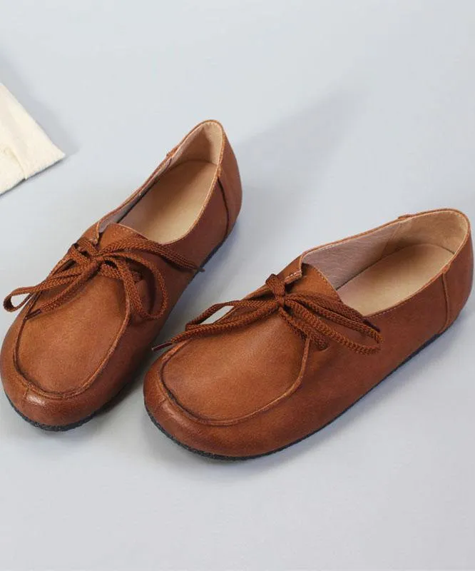 Soft Flat Shoes Brown Cowhide Leather Loafers For Women