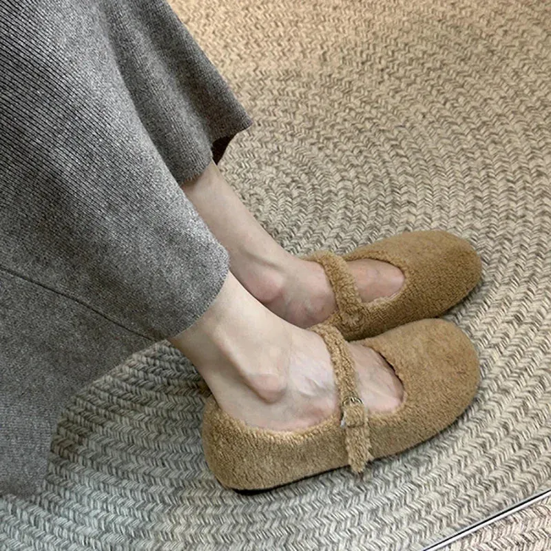 Sohiwoo Spring Autumn Warm Fur Women Flats Casual Shallow Ladies Comfort Soft Sole House Cotton Shoes