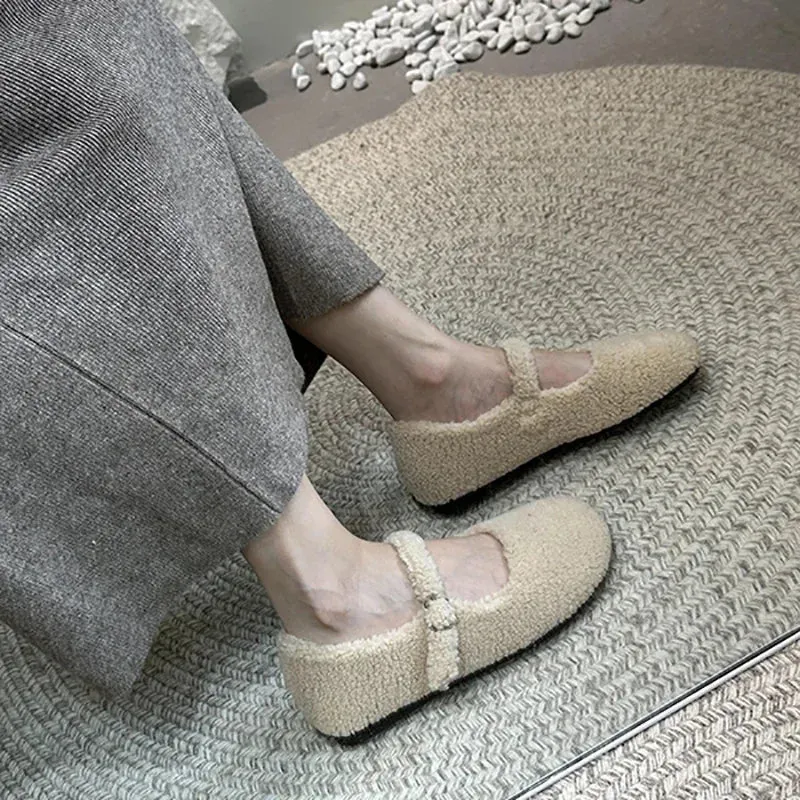 Sohiwoo Spring Autumn Warm Fur Women Flats Casual Shallow Ladies Comfort Soft Sole House Cotton Shoes