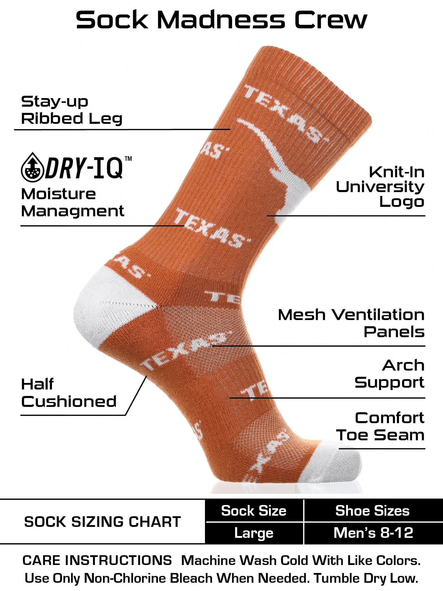 Texas Longhorns Socks Crew Length Sock Mayhem