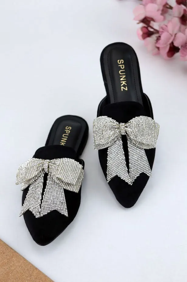 Trista Black Embellished Bow Velvet Mules