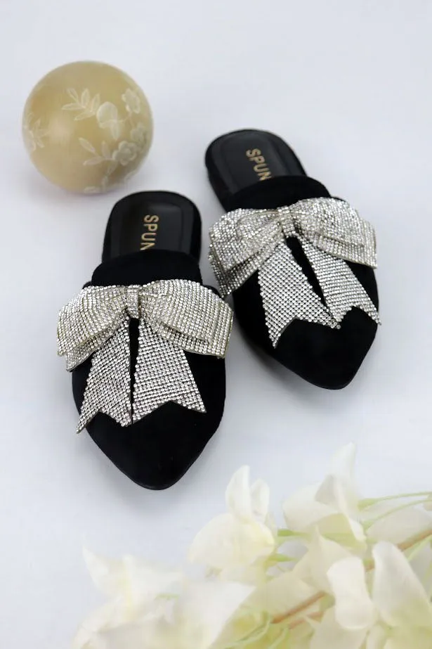 Trista Black Embellished Bow Velvet Mules