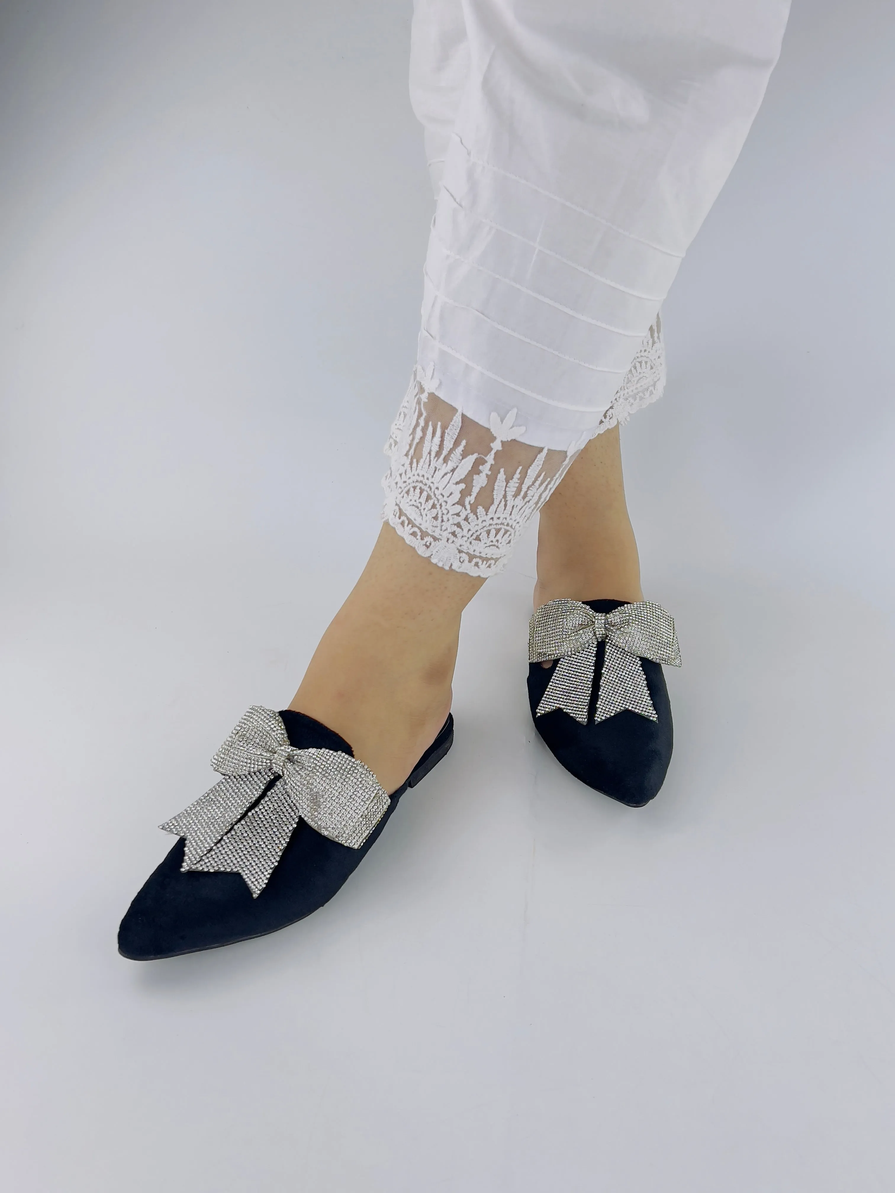 Trista Black Embellished Bow Velvet Mules