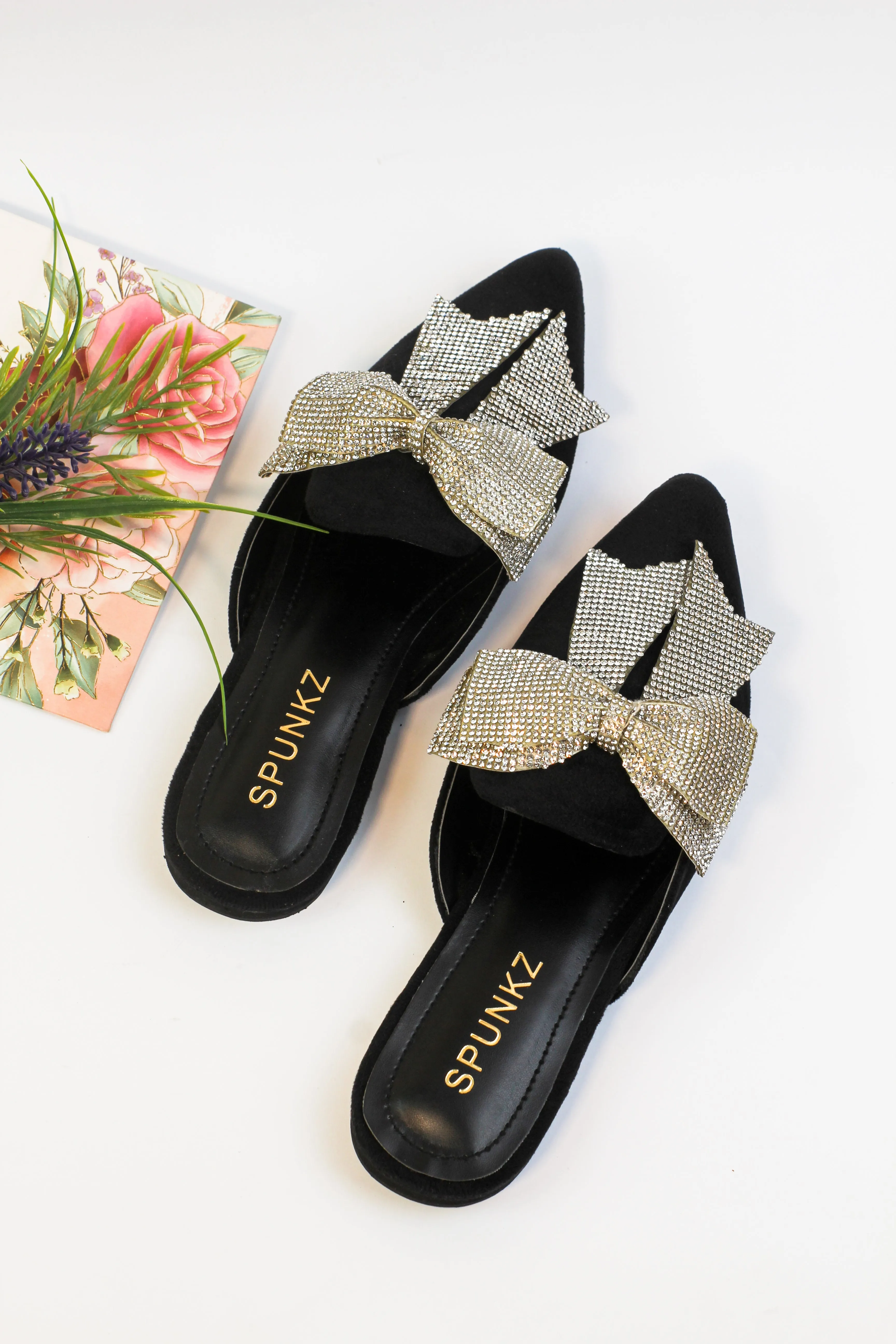 Trista Black Embellished Bow Velvet Mules