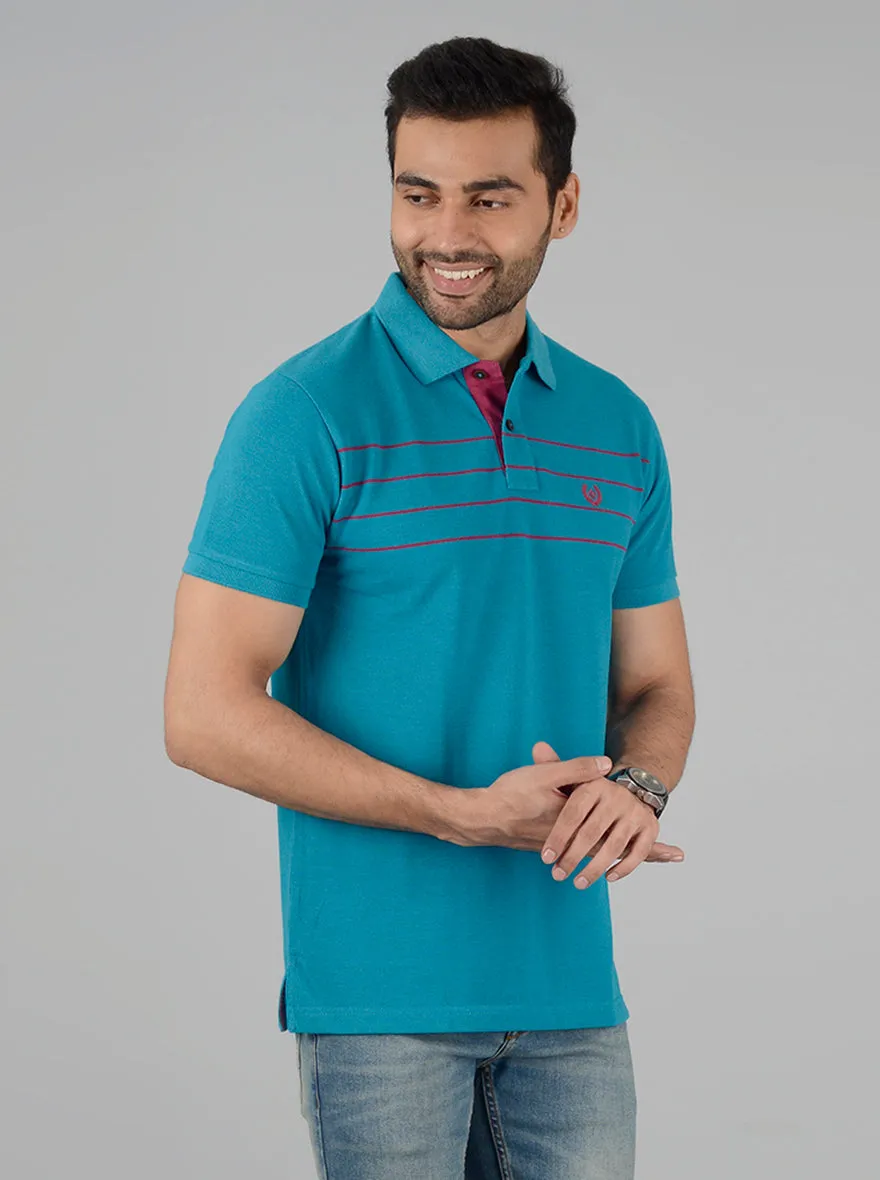 Turquoise Blue Striped Slim Fit Polo T-Shirt | Greenfibre