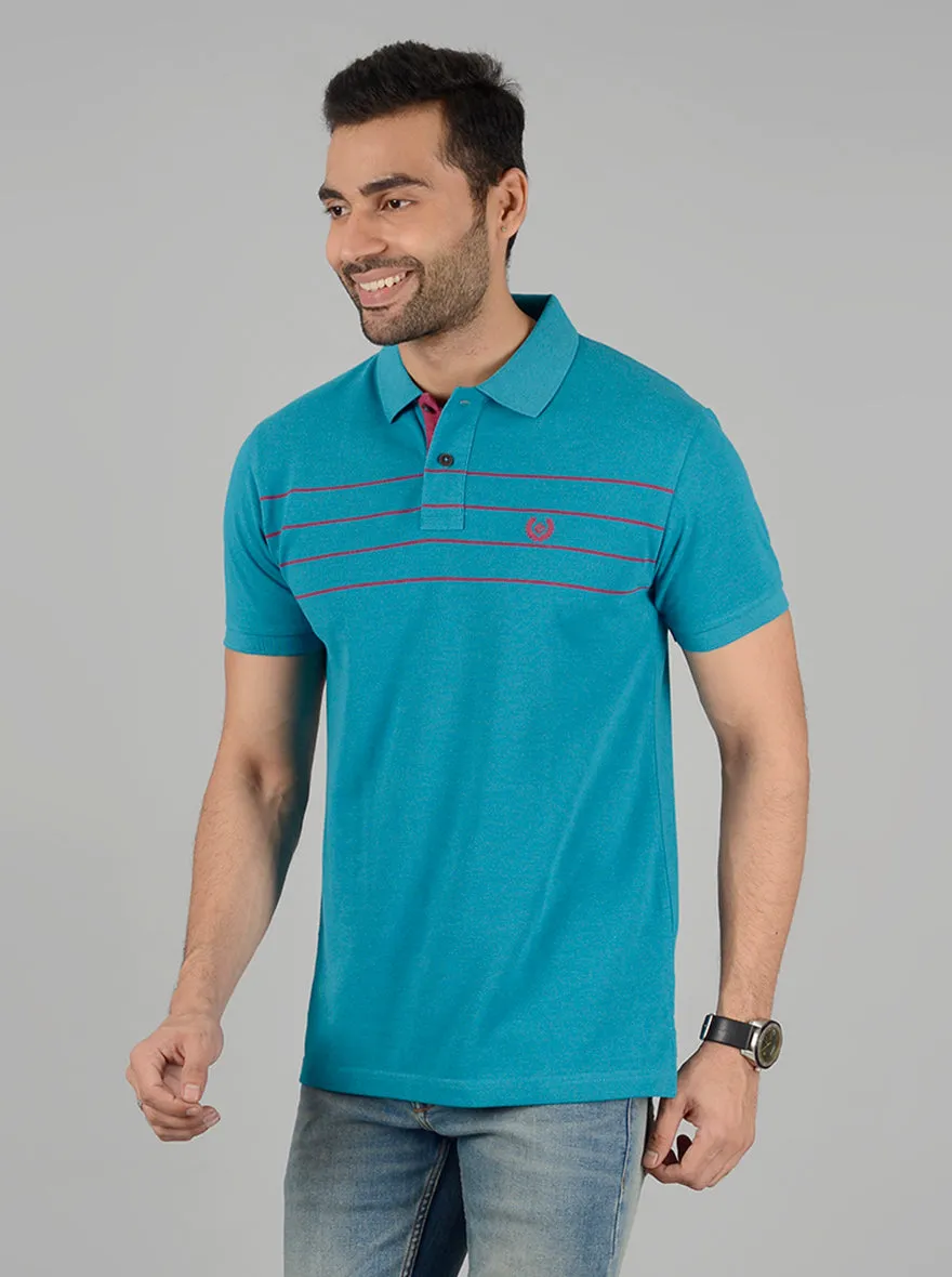 Turquoise Blue Striped Slim Fit Polo T-Shirt | Greenfibre