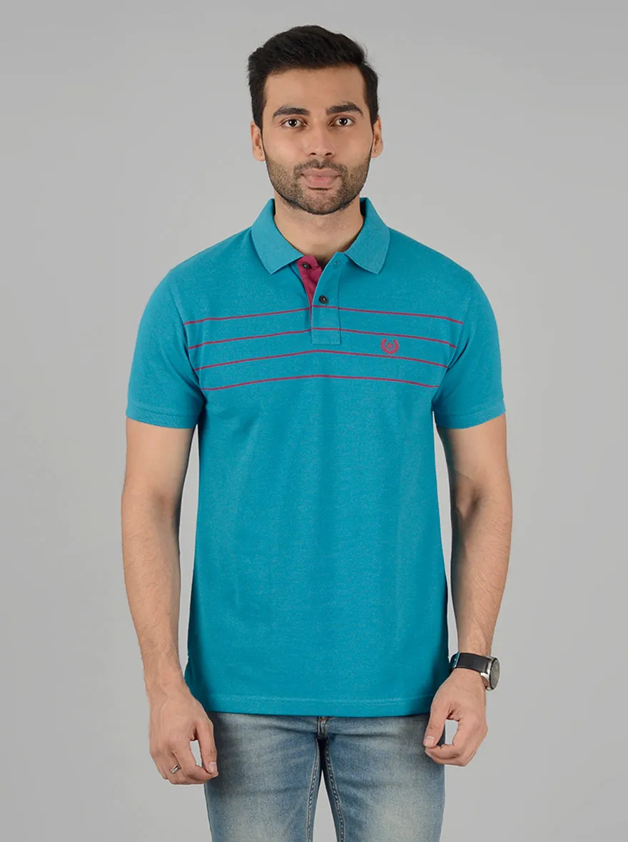 Turquoise Blue Striped Slim Fit Polo T-Shirt | Greenfibre