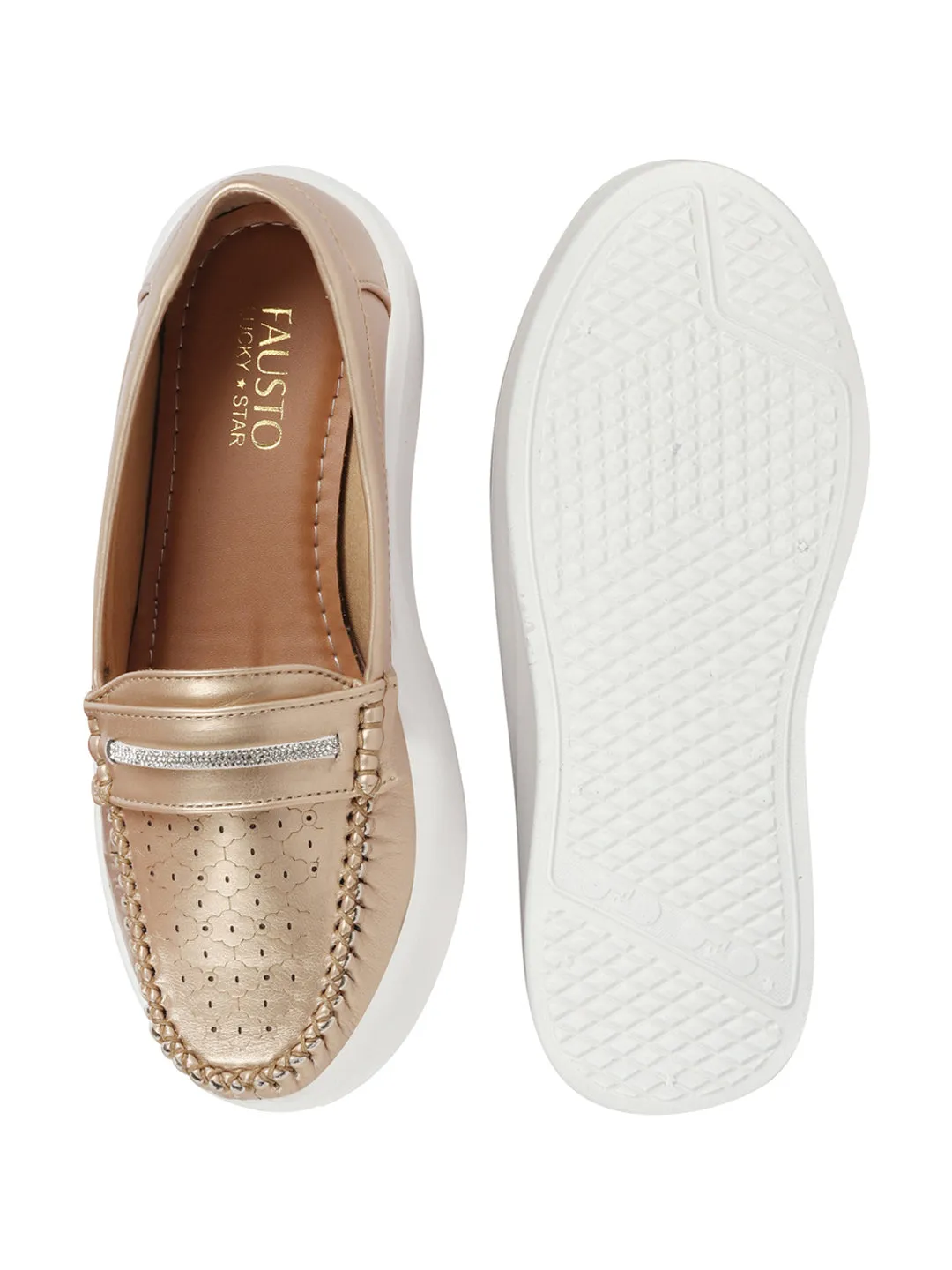 Women Golden Perforated Laser Cut Stitched Height Enhancer Slip On Loafer|Work|Classic|Slip On Shoes|Office Wear