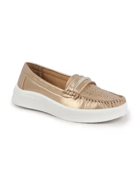 Women Golden Perforated Laser Cut Stitched Height Enhancer Slip On Loafer|Work|Classic|Slip On Shoes|Office Wear