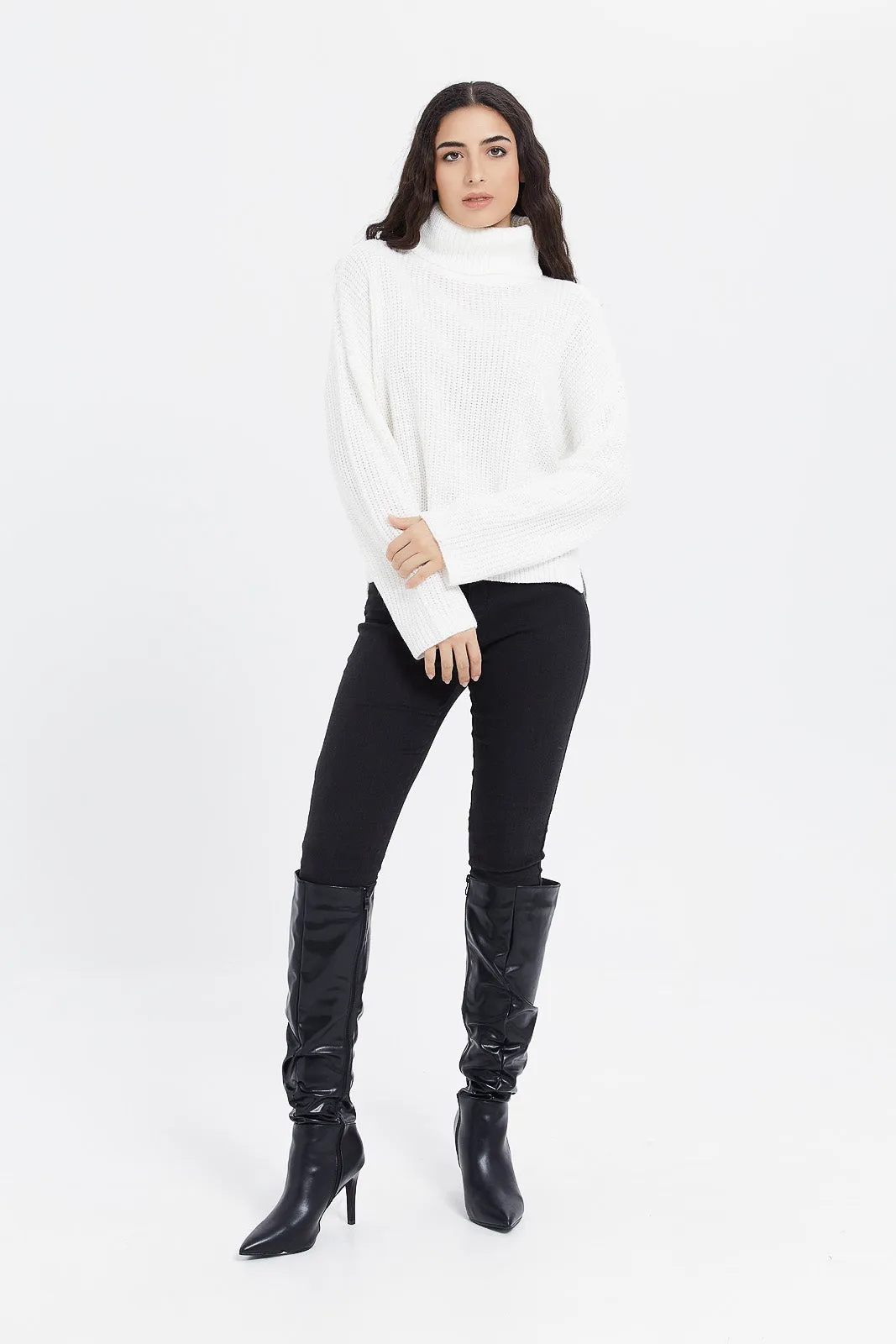 Women Ivory Knitted Turtle Neck Pullover