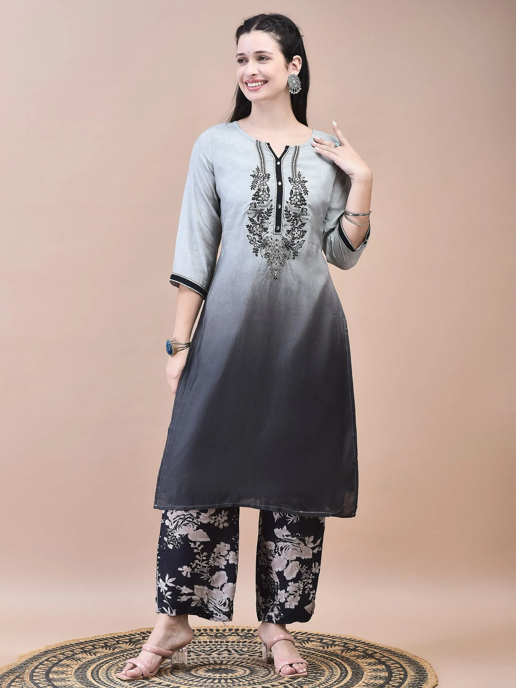 Women Muslin Grey Embroidered Kurta Comfort Pant Dupatta