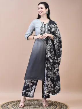 Women Muslin Grey Embroidered Kurta Comfort Pant Dupatta