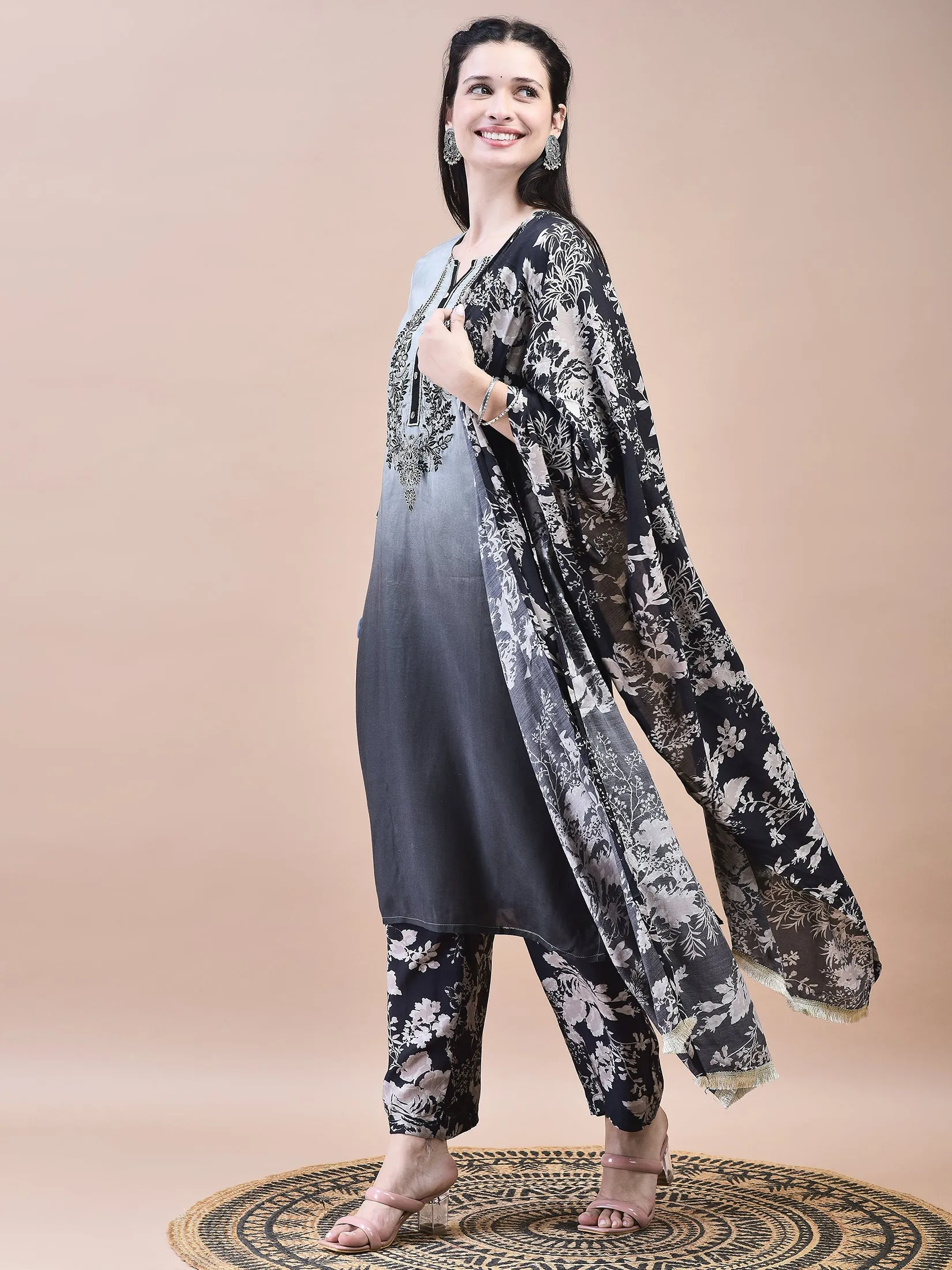 Women Muslin Grey Embroidered Kurta Comfort Pant Dupatta