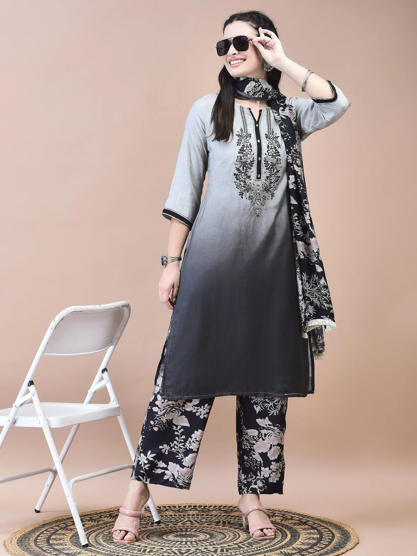 Women Muslin Grey Embroidered Kurta Comfort Pant Dupatta