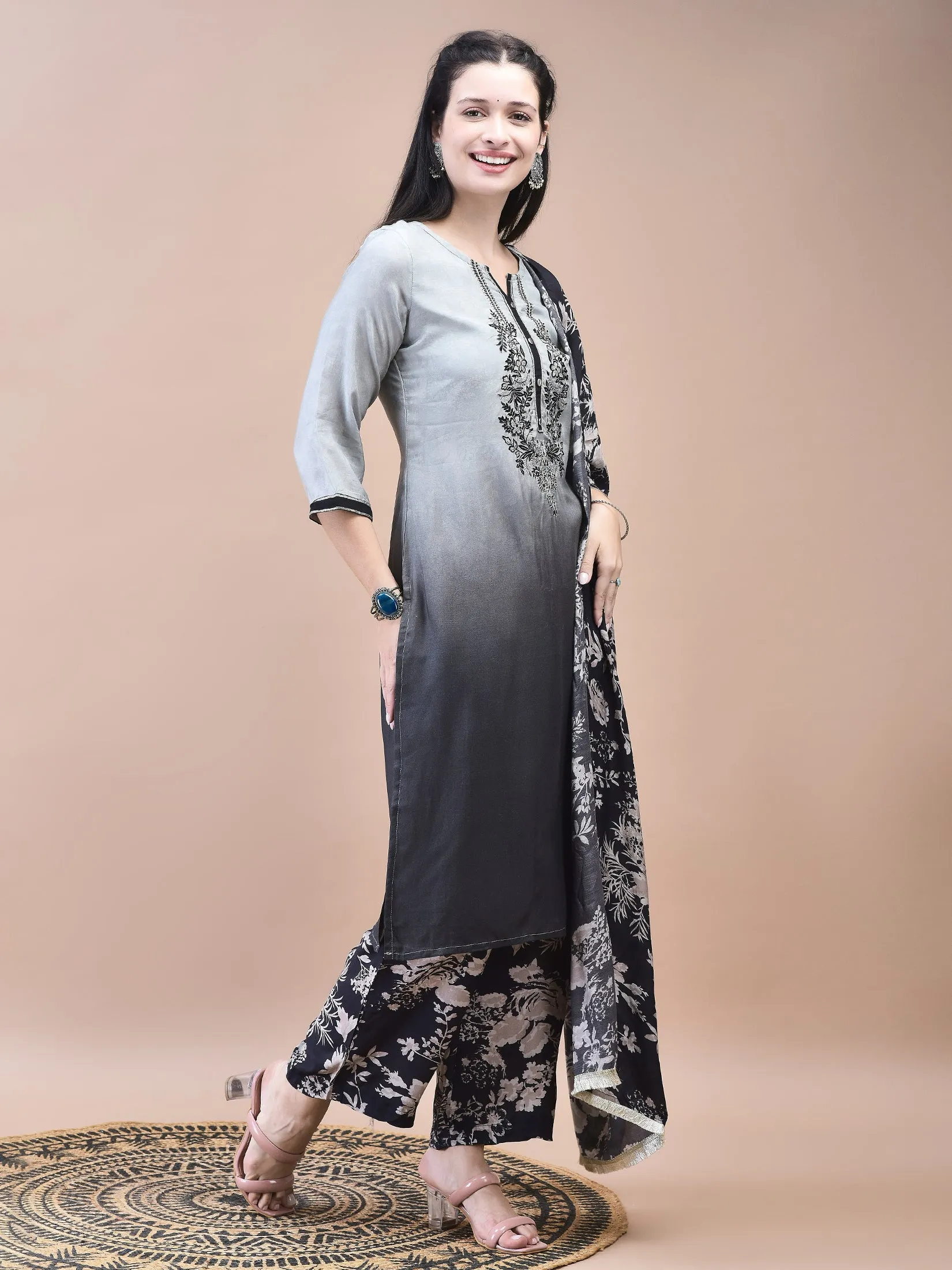 Women Muslin Grey Embroidered Kurta Comfort Pant Dupatta