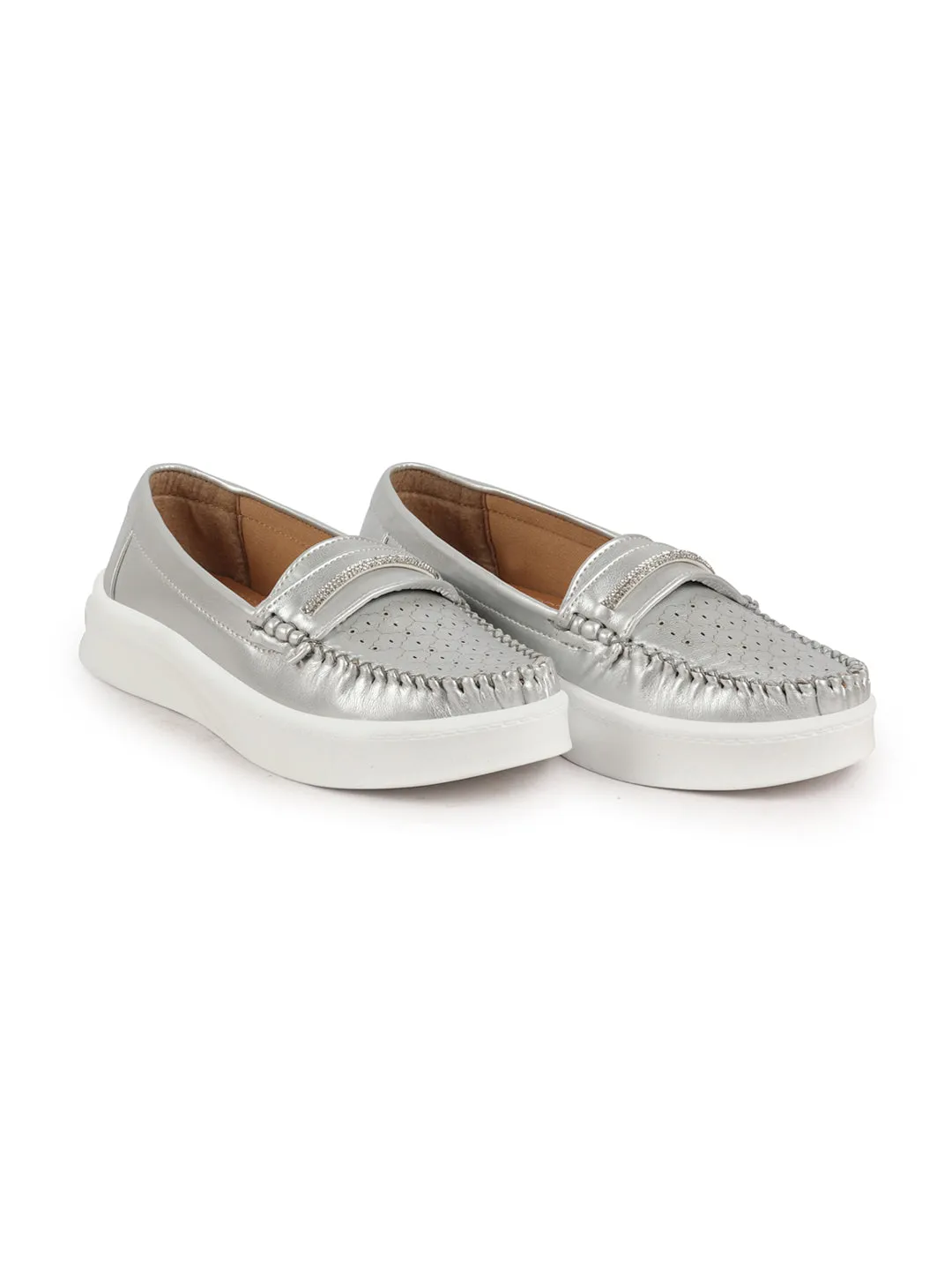 Women Silver Perforated Laser Cut Stitched Height Enhancer Slip On Loafer|Work|Classic|Slip On Shoes|Office Wear