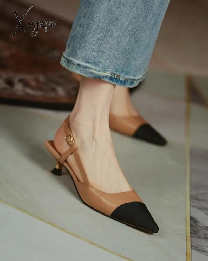 Xajzpa - Pointed Toe Colorblock Slingback Heels