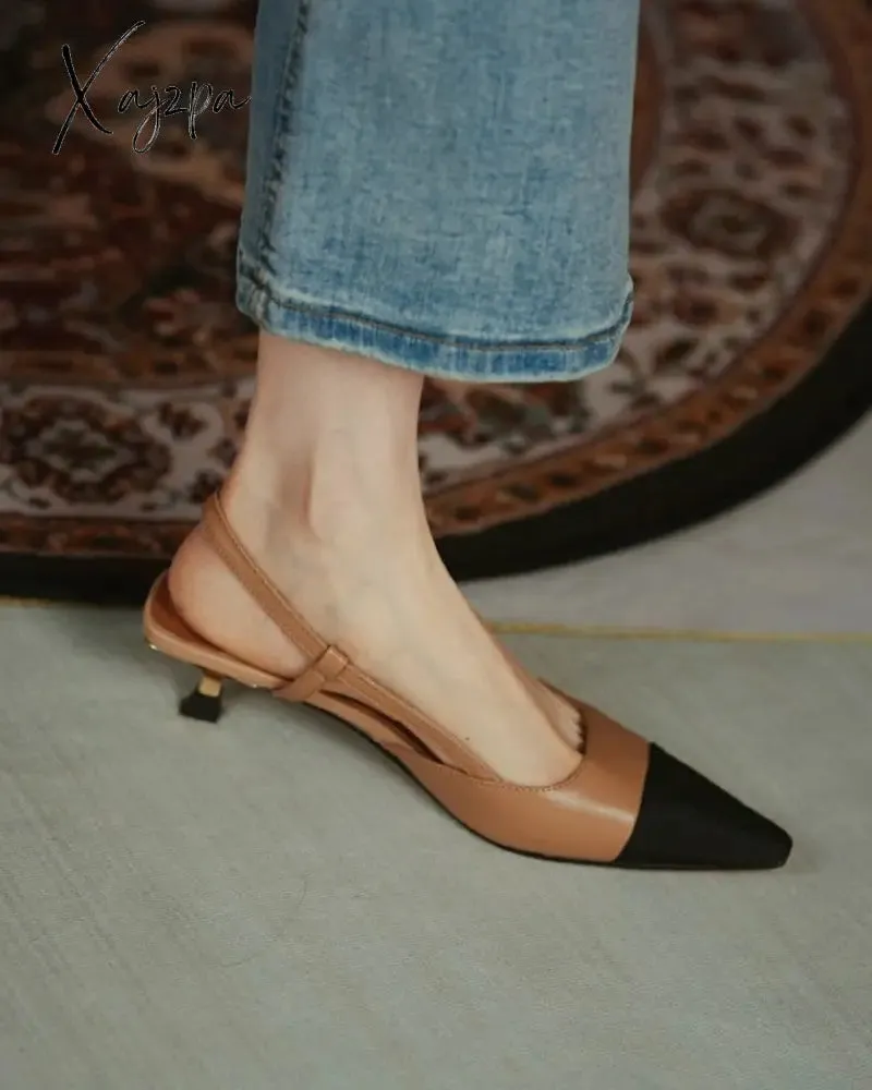 Xajzpa - Pointed Toe Colorblock Slingback Heels