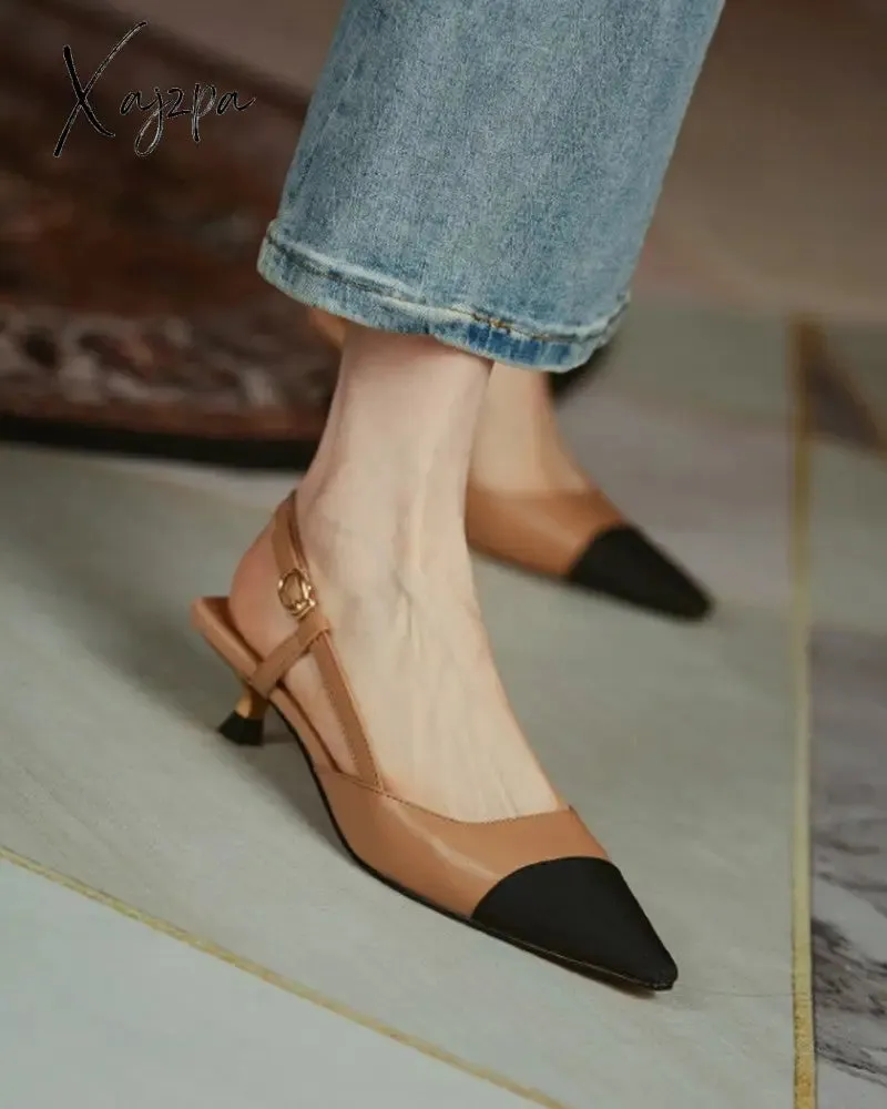 Xajzpa - Pointed Toe Colorblock Slingback Heels